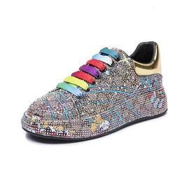 Fashion Graffiti Trendy Diamond Sneakers Shoes PU Leather Sparkle Rhinestone Large Size Thick Sole for Women Casual Sports 240429