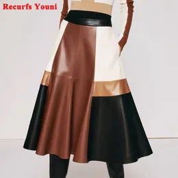 Skirts Moda Clothing 2024 Spring And Autumn Fashion Contrast Colour Leather Female Retro Patchwork Large Swing 80CM Long Faldas