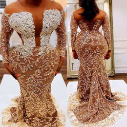 Tulle Prom Gold Mermaid Dresses Lace Chicins requins Long Sleeves Back Back Custom