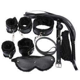 7in1 BDSM Bondage Gear Sex Restraints Kit Fetish Handcuffs Ankle Cuffs Mouth Gag Spanking Whip Slave Collar Blindfold BLACK FURR4827550