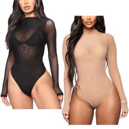 Suits Womens Black/Nude 1Pcs Pure Bodysuit Seethrough Long Sleeve Lingerie Nightwearings Crew Neck High Cut Leotards for Dating Night