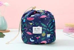 Women Cosmetic Bag Barrel Shaped Makeup Bag Oxford Cylinder Drawstring Travel Storage Bags Cartoon Cactus Flamingo Flower 9 Colors6855497