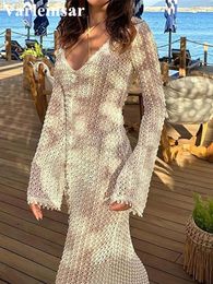 Long Sleeve See Through Crochet Knitted Tunic Beach Cover Up Cover-ups Dress Wear Beachwear Female Women V5441