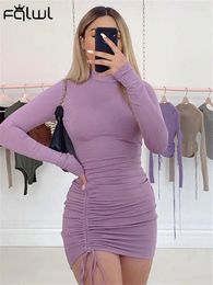 Casual Dresses Habbris Purple Long Sleeve Bodycon Mini Dress Party Club Outfits For Women 2024 Falll Winter Pleated Booty Short Fashion