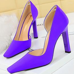 Dress Shoes BIGTREE Sexy Women 11cm Block High Heels Pumps Designer Square Toe Green Purple Stripper Chunky Lady Party Big Size