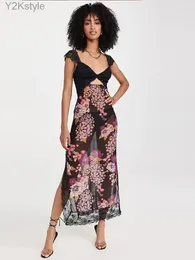 Casual Dresses Lace Print Strap Dress Women Sexy Backless See Through Split Long Female 2024 Summer Elegant Tube Top Sleeveless Robe