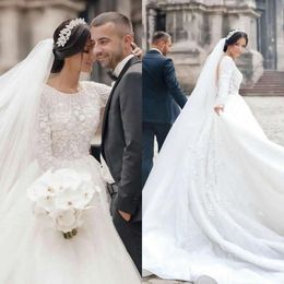 3D -Kleider Perlen Floar Hochzeit Applique Brautkleid Langarmes gegen Rückenschaufel Halskapelle Zug maßgeschneiderte Vestidos de Novia Estidos