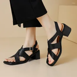 Sandals Summer Women Genuine Leather Shoes For Square Toe Chunky Heel Open Narrow Band Gladiator Black
