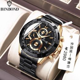 Wristwatches BINBOND B1033 Business Men's Multifunctional Sports Watch Trendy Quartz Luminous Waterproof Steel Strap Wristwatch