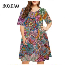 6XL Plus Size Dresse Abstract Painted Print Dress Summer Vintage Pattern Short Sleeve ALine Casual Party Sundress 240419