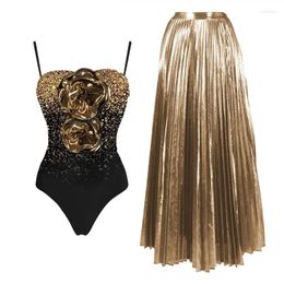 Women's Swimwear 2024 Sexy 3D Flower One Piece Swimsuit Bikini Set Skirt Gold Women Luxury Brazilian Biquini Bathing Suit Dress