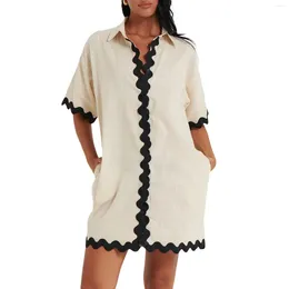 Party Dresses Women's Summer Prairie Chic Shirt Dress Contrast Trim Ric Rac Short Sleeve Turn-Down Collar Loose Streetwear