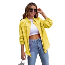 designer jackets for woman denim jacket coat Casual Lapel Neck Single Breasted Polyester Ruched Solid Colour Wide-waisted Reguar Autumn S 2XL designer jacket women