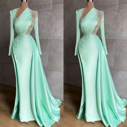 Mermaid Evening Dresses Light Green Long Sleeves Beaded Lace Applique Designer Custom Made Formal Ocn Wear Arabic Prom Gown Vestidos