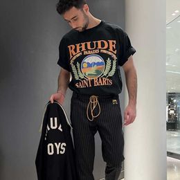 Fashion Rhuder Brand Designer Clothes Exclusive Letter Poster Print Summer New Couple Loose Short Sleeved T-shirt Trend with 1:1 Logo