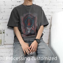 Summer oversized trendy T-shirt casual mens pure cotton and womens round neck short sleeved abstract printed couples outfit T