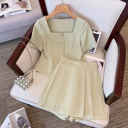 Women's Tracksuits 2024 Summer Women Fashion Suits Female Square Collar Short Sleeve Tops Ladies Loose Wide-leg Shorts Skirts 2 Piece Sets