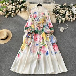 Spring Holiday Tulip Floral Maxi Dress Women Elegant Stand Collar Single Breasted Lantern Sleeve Belt Prom Robe Clothes Vestidos 240426