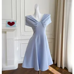 Party Dresses French Style Designer Brand V Neck Butterfly Sleeve Knee Length Blue Dress