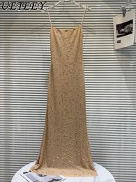 Casual Dresses 2024 Spring Elegant Socialite Sleevless Maxi Heavy Industry Rhinestone Beaded Design Long Strap Dress For Women