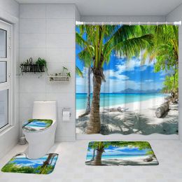 Curtains Island Beach Shower Curtain Set Tropical Coconut Tree Green Plants Ocean Nature Landscape Bathroom Decor Bath Mats Toilet Cover