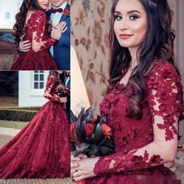 Floral Sleeves Dresses Long 2020 Bury 3D Applique Tulle Lace Sheer Neck Beaded Illusion Wedding Bridal Gown Vestido De Novia