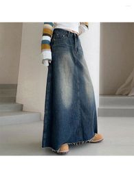 Skirts Woman Denim Pleated Plush Skirt Casual Maxi High Waist Gradient Colour Tie-dyed Wash Simple Daily All-match Vintage Kpop 90s