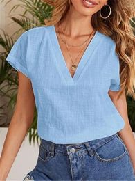 Women's Blouses Cotton Linen Blouse 2024 Summer V Neck Short Sleeve Women Solid Colour Casual Office Loose White Blue Tops Blusas Mujer