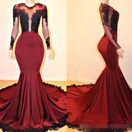 Dark Red Mermaid Prom 2019 Dresses Long Sleeves Black Lace Appliqued Sheer Neck Illusion Sexy Formal Ocn Wear Evening Party Gown