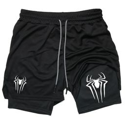 Y2K Performance Shorts Men Spider Printed GYM Casual Sports Compression Workout Running Mesh 2 In 1 Sport Short Pants 240423