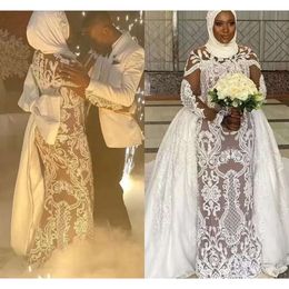 Hochzeit muslimische Mermaid Plus Size Kleider Brautkleid mit abnehmbarem Zug Satin Bogenspitze Applikat Langarmes maßgeschneiderte Designer Afrikanische Vestido de