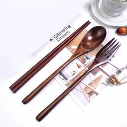 Dinnerware Sets Chopsticks Fork Spoon Cutlery Set Wooden Solid Colour Long Handle Non-slip Rice Spoons Home Supplies