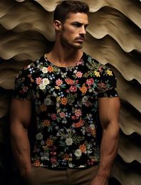 Men's T-shirt geometric pattern top round neck clothing 3D floral pattern outdoor daily short sleeved fashionable retro large men's T-shirt DDTXA41