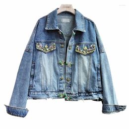 Women's Jackets Spring Autumn Women Turn Down Collar Rhinestones Denim Coat Diamonds Buttons Jeans Jacket Crystal Cowboy Cardigan Crop Tops