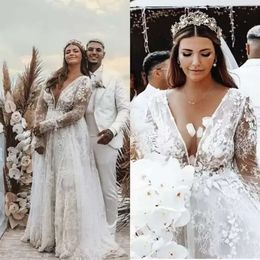 Strand brud boho bröllopsklänningar klänning tyll golvlängd spets applikation timmer ärmar som kastar v hals anpassad plus size vestidos de novia estidos