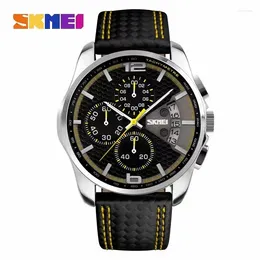 Wristwatches SKMEI 9106 Business Quartz Clock Sports Waterproof Mens Wristwatch Stopwatch Leather Date Calendar Watch For Men Reloj