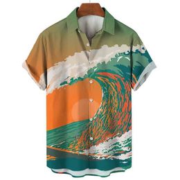 Men's Casual Shirts Casual Surfing 3D Printed Shirts For Men Clothing Fashion Hawaiian Ocean Wave Graphic Lapel Blouse Summer Mens Vacation Blouses Y240506