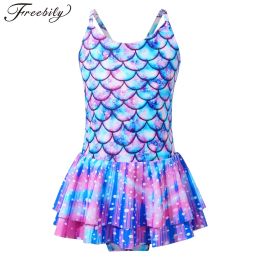 Swimwear Kids Girls Onepiece Swimsuit Mermaid Fish Scales Print Leotard Ruffle Jumpsuit Surfing Bathing Suit Beachwear Swim Rash Guard