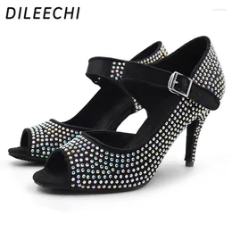 Dance Shoes DILEECHI Rhinestones Women's Black Salsa 8.5cm Slim Heel Comfortable Ballroom Latin Pink 10cm