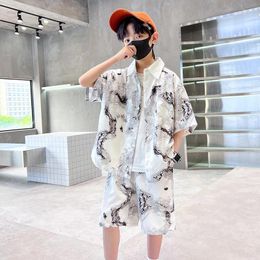Clothing Sets Boy Suit 2024 Summer Korean Style Big Children Short Sleeved Shirt Trend Camouflage Black White Fashion Clothes