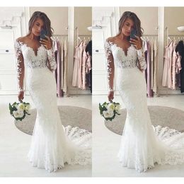 Lace Mermaid Applique Gorgeous Dresses Scoop Neck Long Sleeves Sweep Train Custom Made Beach Wedding Bridal Gown Vestido De Novia