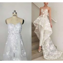 Modest Jumpsuit Lace 2021 Dresses Applique Sweetheart Neckline Sweep Train Overskirt Wedding Bridal Gown Vestido De Novia