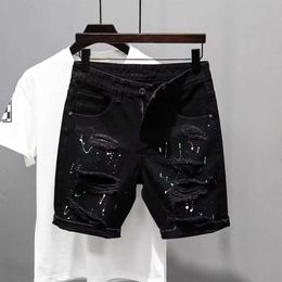Men's Jeans Summer Luxury Kpop Mens Y2K Street Wear Tear Jeans Trend Dot Ink Designer Distressed Casual Boyfriend Black Denim ShortsL2405