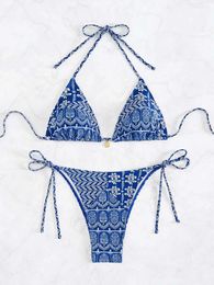 Women's Swimwear 2024 Boho Flower Bikini Set Floral Print Blue Patterned Bathers Bohemian Style Halter Neck Strap Swimsuit Bathing