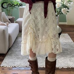 Skirts CIBBAR Fairycore Lace Transparent Skirt Y2k Vintage Drawstring Bandage Low Rise Midi Women 2000s Harajuku Ladies Clothing