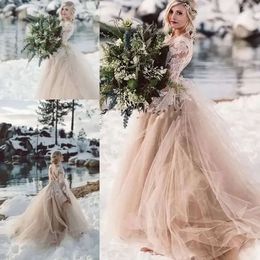 Wedding Bridal Dresses Champagne Gorgeous Gown Long Sleeves Lace Applique Sweep Train Plus Size Custom Made Garden Beach Vestido De Novia