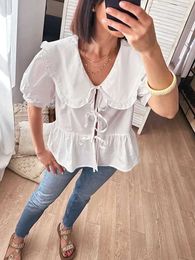 Women's T-Shirt White lace short sleeved puff shirt womens summer sleeved sweet Peter Pan collar shirt womens elegant street womens pleated and unique topL2405