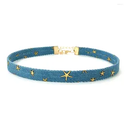 Choker Neo-Gothic Denim Fabric Retro Star Blue Cloth Chain Necklace For Women Fashion Winter Jewelry Trend Accessories