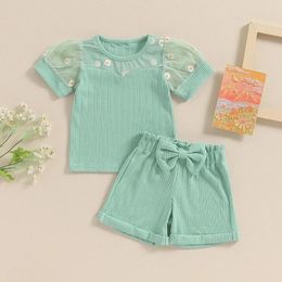 Clothing Sets Little Girls Ribbed Set Daisy Embroidery Patchwork Mesh Short Sleeve T-shirt Tops Bow Shorts Toddler Summer Outfits 6M-4Y