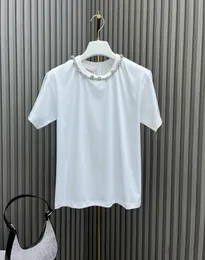 2024 New Fashion Summer Cotton Short Design White T-shirt Women O-neck Short Sleeve Front Sequins Sweet Tops
